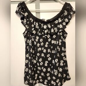 Maurice Sleeveless Ruffle Collar Black & White Flowery Top Size XL